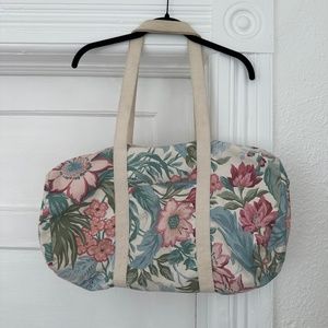 vintage pink & green floral canvas duffle bag